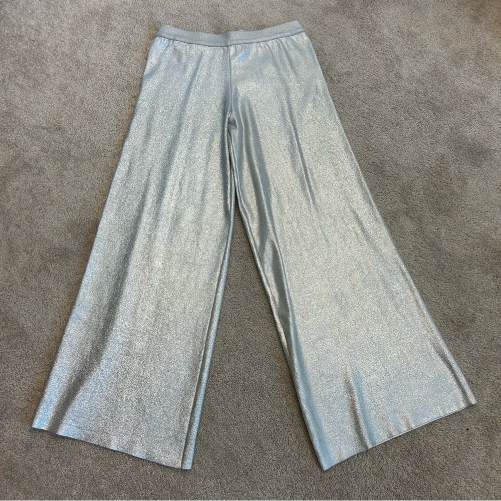 ZARA KNIT METALLIC FOIL SILVER WIDE LEG TROUSERS PANTS BNWT Sz M Bloggers Fave - Picture 7 of 17